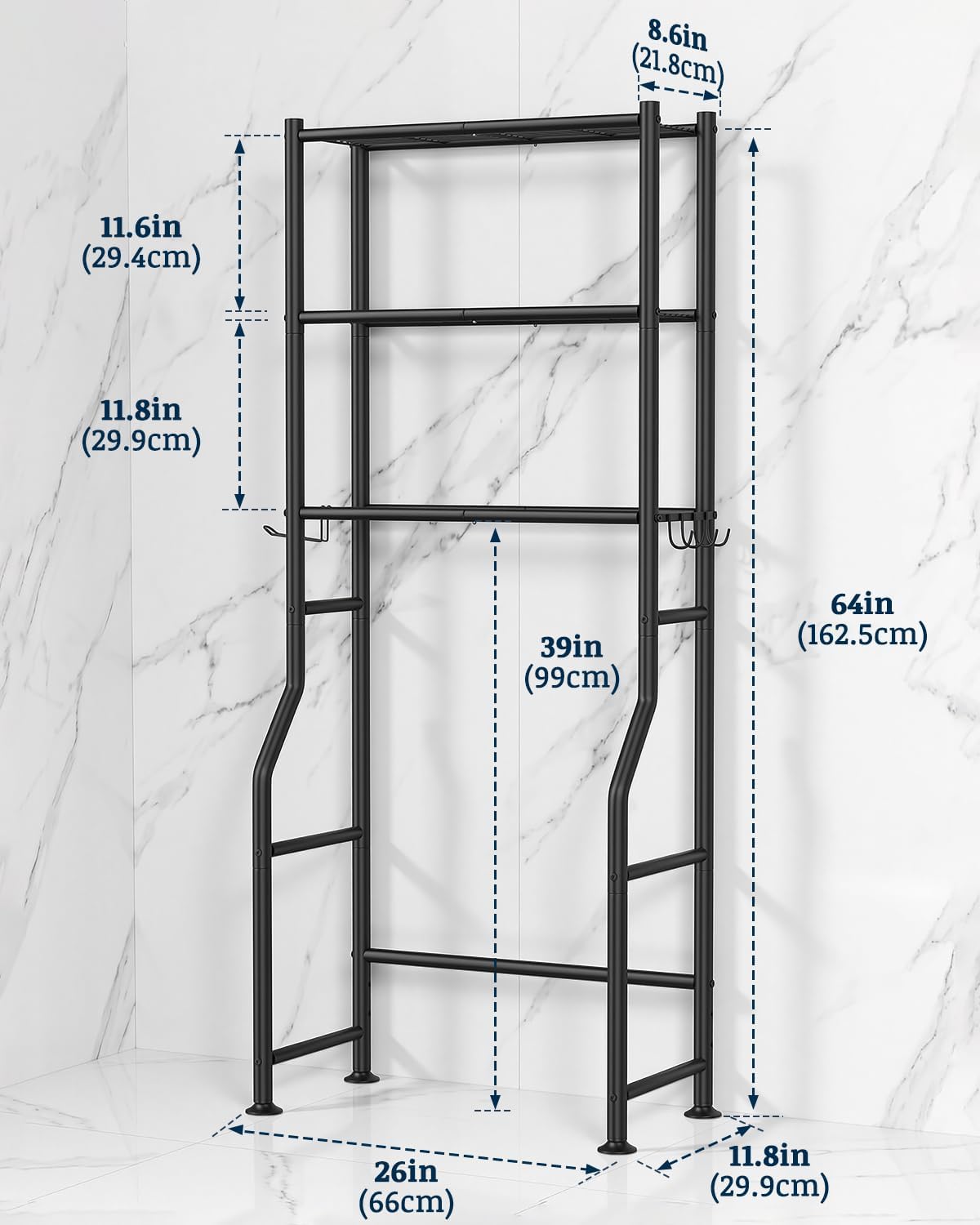 GloTika 3-Tier Over Toilet Storage Cabinet, No Drilling, 64" H, Black