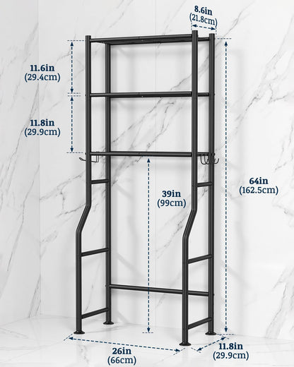 GloTika 3-Tier Over Toilet Storage Cabinet, No Drilling, 64" H, Black