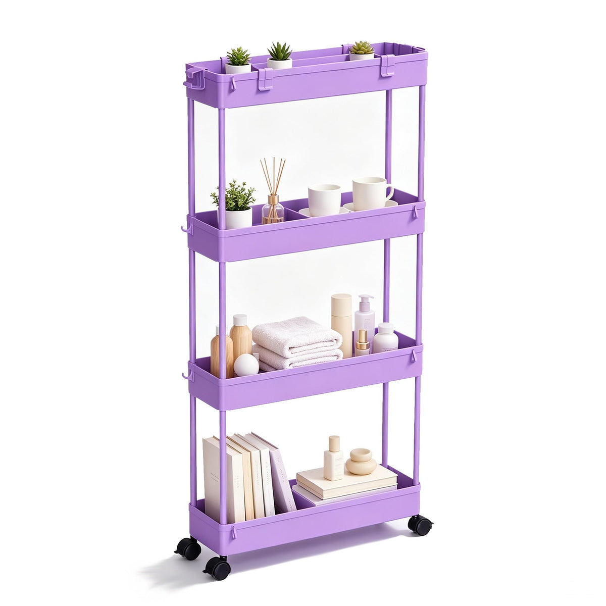 SPACELEAD Slim Storage Cart 4 Tier,Bathroom Organizer Rolling Utility,Mobile Shelving Unit Slide Out for Office, Kitchen, Laundry Room & Narrow Places,Pink