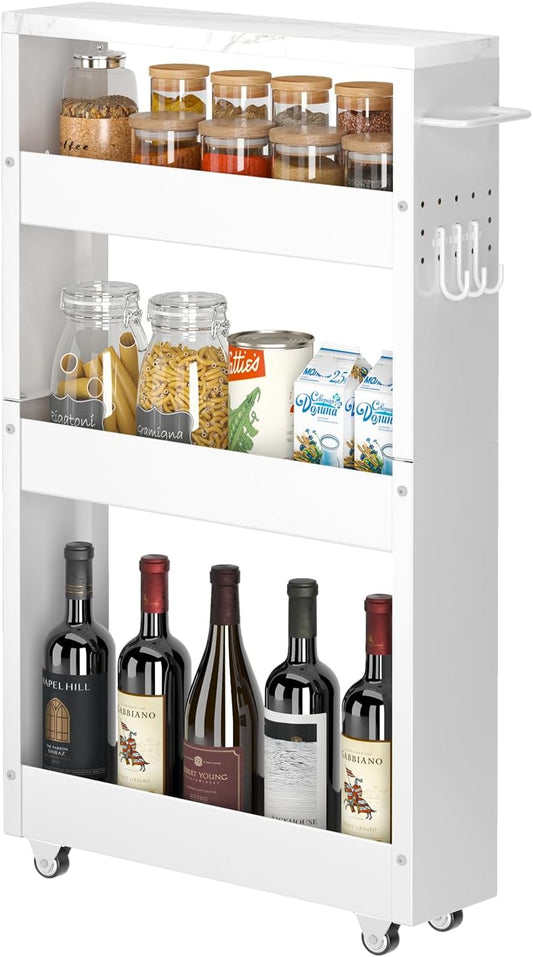 CHLORYARD Slim Storage Cart, 4-Tier Kitchen Rolling Cart Narrow Storage Cabinet with Handle & Wheels, Metal Rolling Shelf Unit for Kitchen Bathroom Laundry Small Places(5 in Width/White)