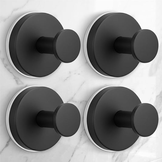 Large Suction Cup Hooks for Shower,Heavy Duty 15lbs Shower Hooks for Inside Shower,No-Drill Removable Towel Hooks for Bathroom,4 Packs(Matte Black)