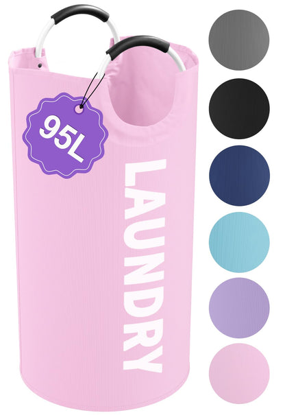 95L Large Laundry Basket with Handles, Foldable Clothes Hampers Stand Up Well, Waterproof Dirty Clothes Hamper, Rugged Laundry Basket for Flat, Dorm, Hotel, Pink