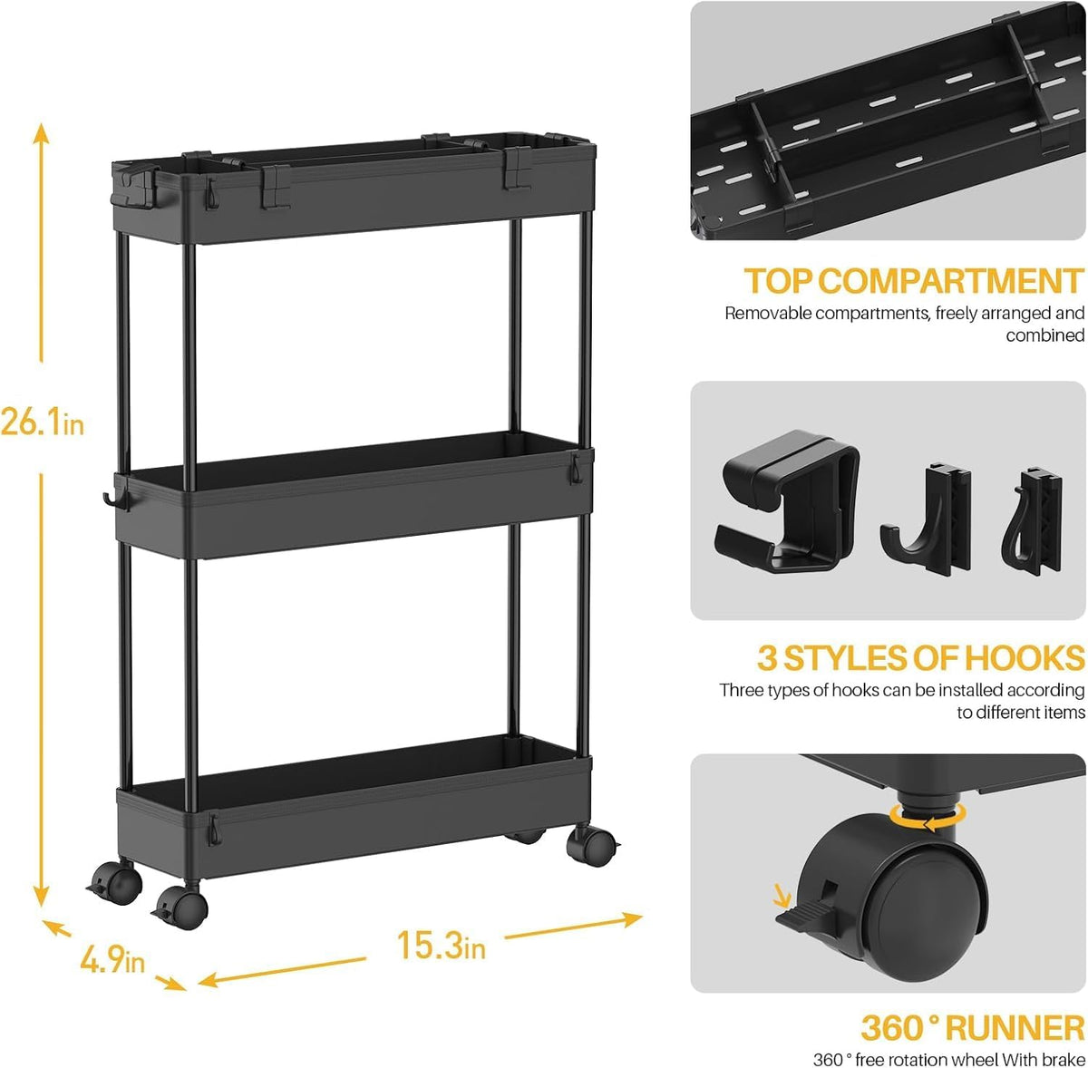 2 Pack 3 Tier Slim Storage Cart, Bathroom Rolling Utility Organizer