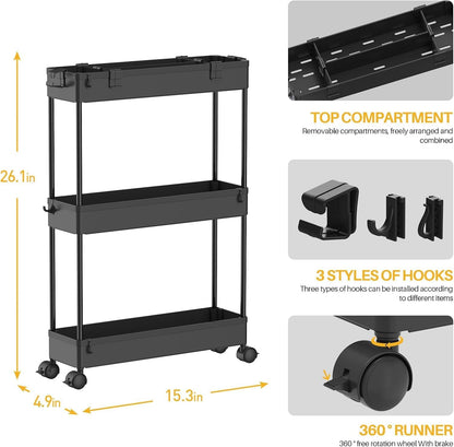 2 Pack 3 Tier Slim Storage Cart, Bathroom Rolling Utility Organizer