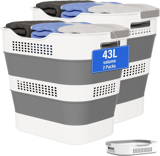 OOAMBB 43L+43L Collapsible Laundry Baskets plastic (Grey, 2 Packs)