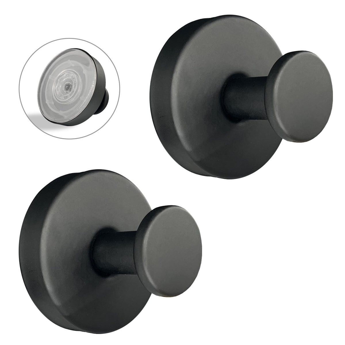 Suction Cup Hooks for Shower - 2 Pack, Matte Black - Stainless Steel, Strong Suction, No Drill, Removable Hanger, Tile Bathroom Kitchen Wall, Glass Door, Mirror Hook Hanging Robe, Towel Holder