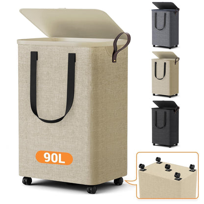 Laundry Basket with 5 Wheels, Rolling Laundry Hamper, 75L, Deep Gray