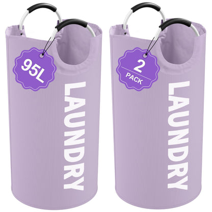 95L Large Laundry Basket with Handles, Foldable Clothes Hampers Stand Up Well, Waterproof Dirty Clothes Hamper, Rugged Laundry Basket for Flat, Dorm, Hotel, Pink