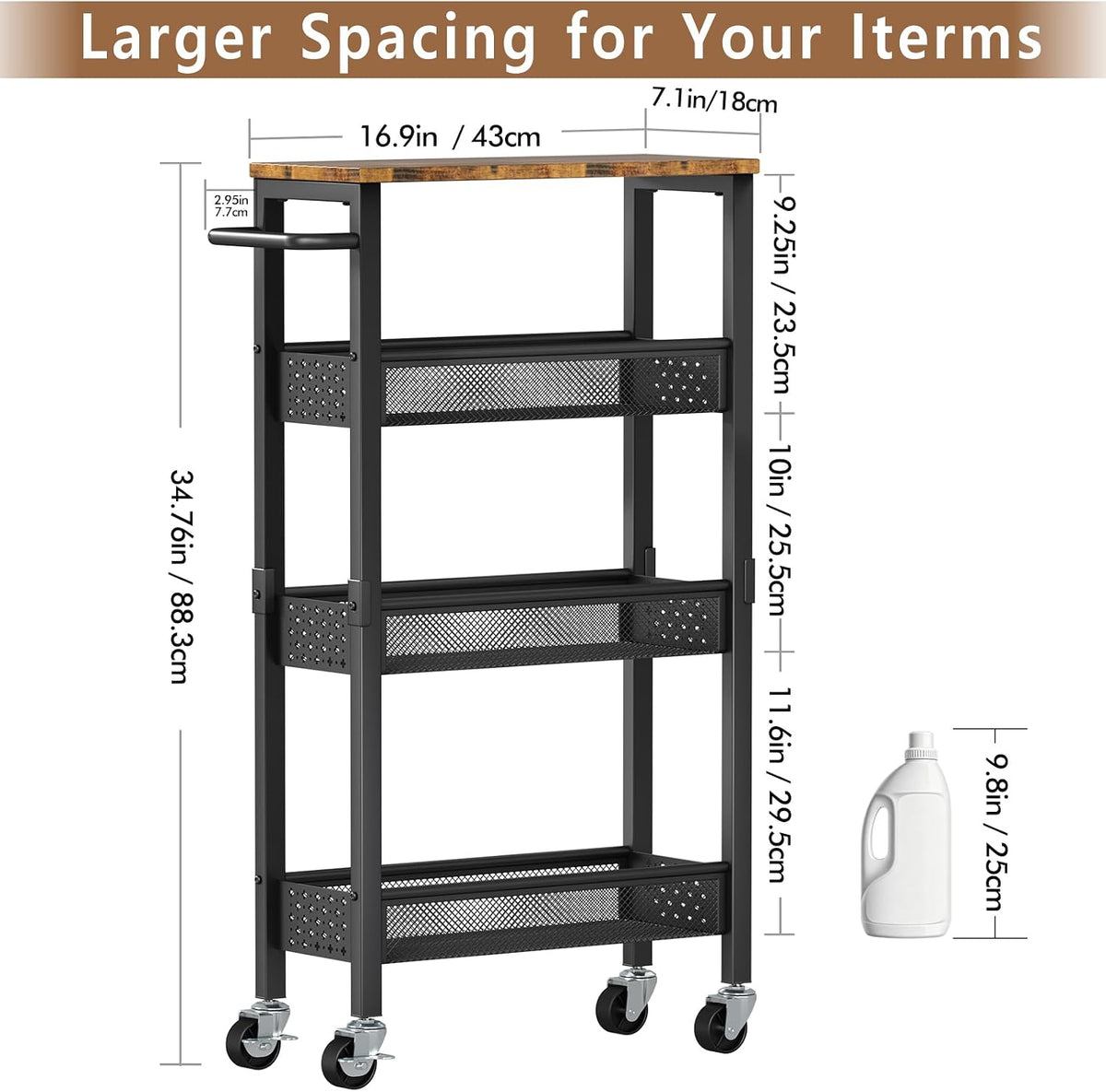 4-Tier Slim Utility Rolling Cart with Wheels, Wood Top, Metal