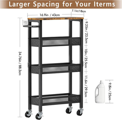 4-Tier Slim Utility Rolling Cart with Wheels, Wood Top, Metal