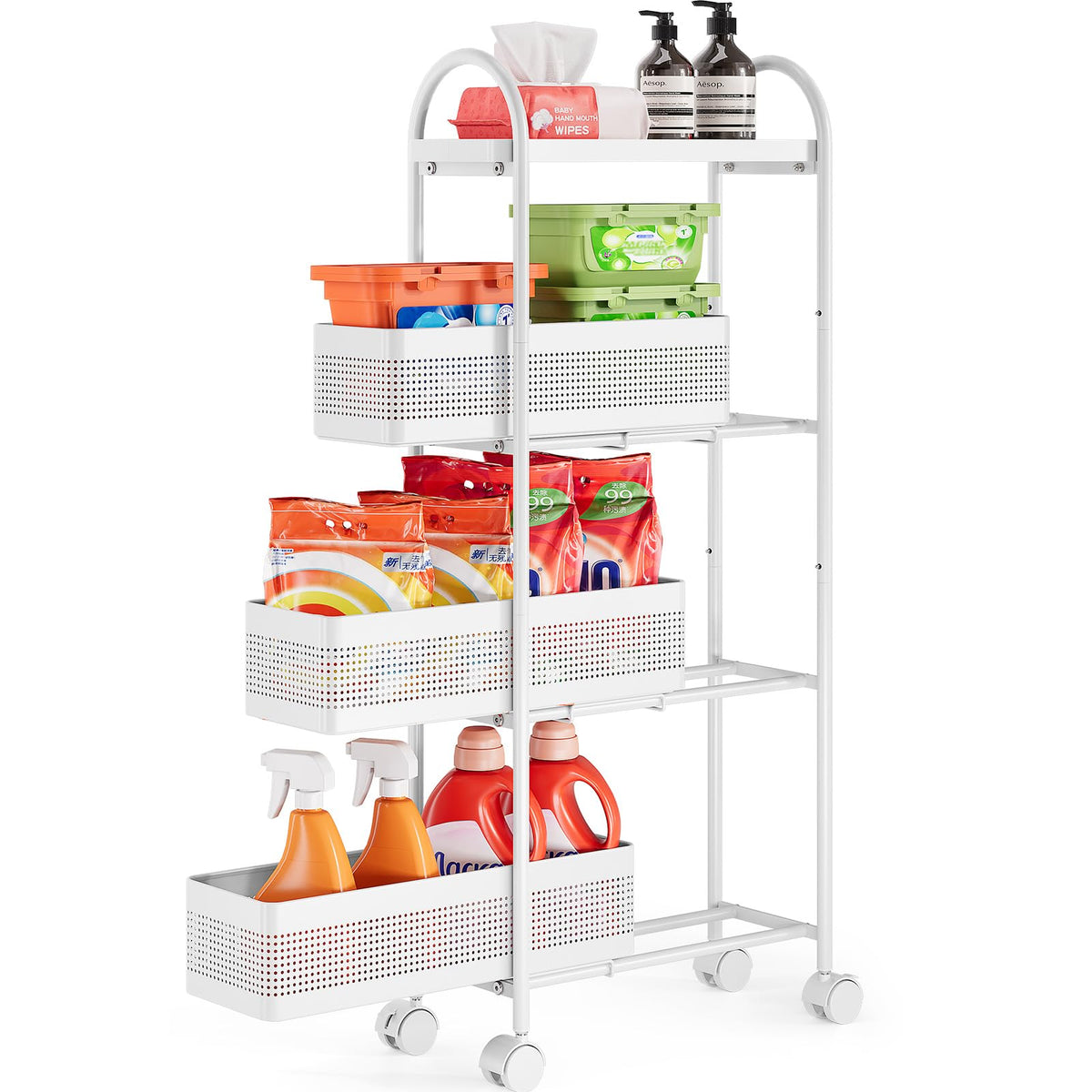 KINGRACK 5 Tier Slim Rolling Cart with Drawer, Metal Utility Storage Cart