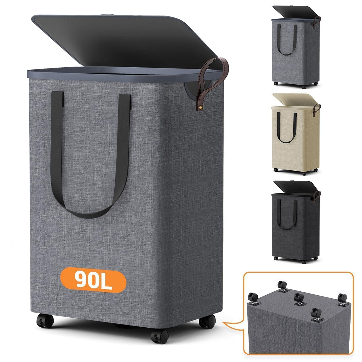 Laundry Basket with 5 Wheels, Rolling Laundry Hamper, 75L, Deep Gray