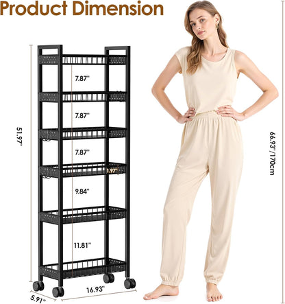6 Tier Slim Storage Cart, Narrow Rolling Cart with Wheels, 6in(W)