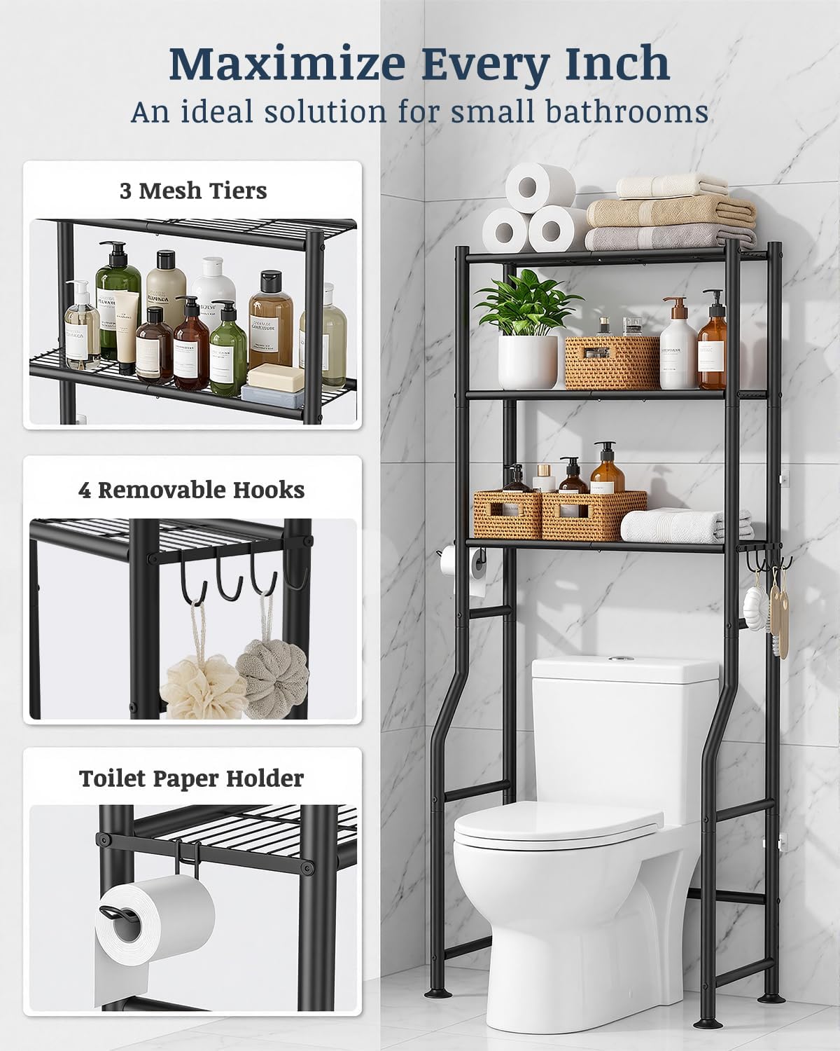 GloTika 3-Tier Over Toilet Storage Cabinet, No Drilling, 64" H, Black