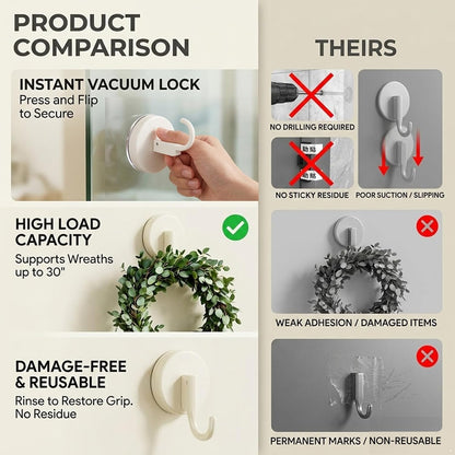 6Pcs Suction Cup Wreath Hooks – 3 Gray & 3 White, Over Door & Window Flip-Lock Hooks, Surface-Friendly Reusable Holiday Decor Hangers for Christmas, Thanksgiving, Halloween
