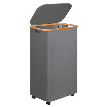 Slim Laundry Hamper,Narrow laundry Hamper with Lid,60L Hamper for Laundry,Dirty Cloth Hamper with Bamboo Handle for Towels, Clothes Organizing,Beige