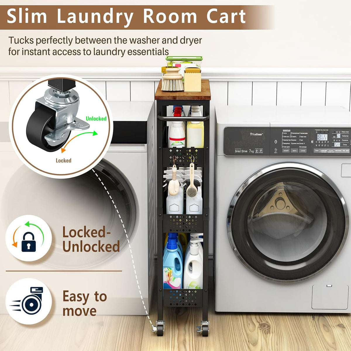 4-Tier Slim Utility Rolling Cart with Wheels, Wood Top, Metal