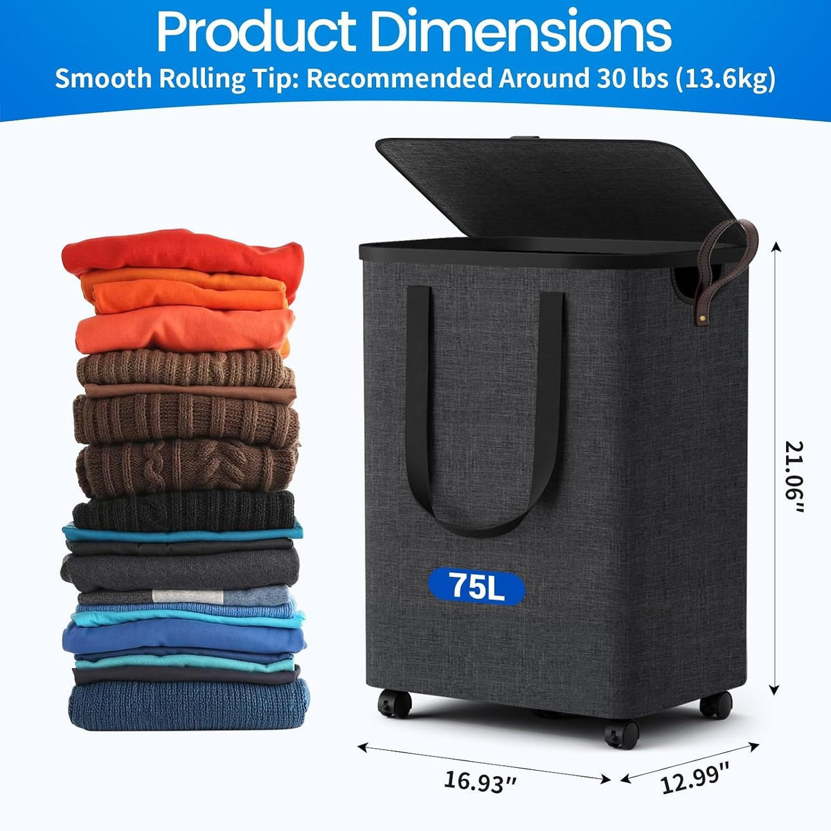 Laundry Basket with 5 Wheels, Rolling Laundry Hamper, 75L, Deep Gray