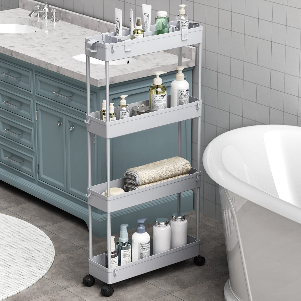 SPACELEAD Slim Storage Cart 4 Tier,Bathroom Organizer Rolling Utility,Mobile Shelving Unit Slide Out for Office, Kitchen, Laundry Room & Narrow Places,Gray