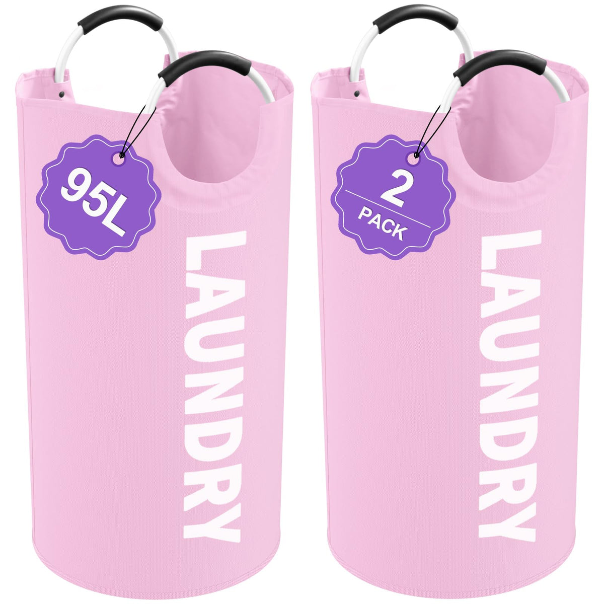 95L Large Laundry Basket with Handles, Foldable Clothes Hampers Stand Up Well, Waterproof Dirty Clothes Hamper, Rugged Laundry Basket for Flat, Dorm, Hotel, Pink