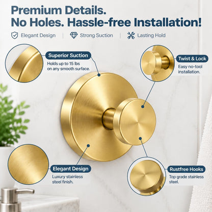 Suction Cup Hooks, No-Drill Heavy Duty Shower Hooks for Bathroom,2 Gold