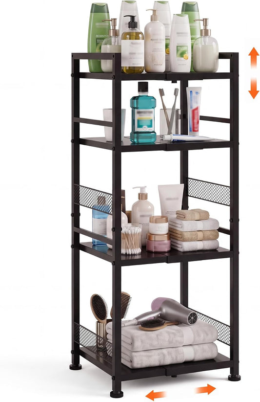 4-Tier-Narrow-Metal-Shelving-Unit, Expandable Bathroom Laundry Shelves