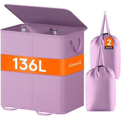 Lifewit Double Laundry Hamper with Lid, Removable Laundry Bags, Brown