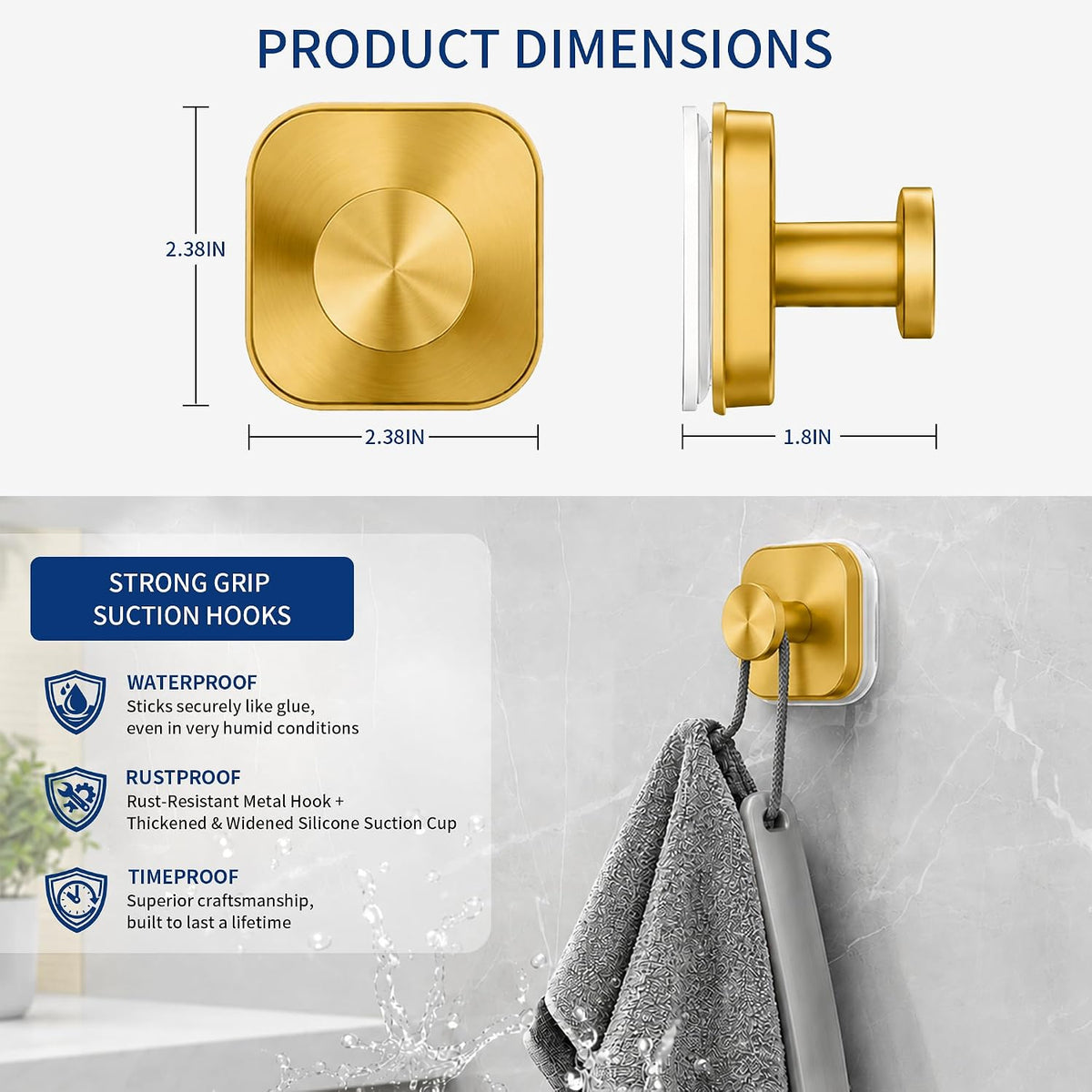 Suction Cup Hooks for Shower & Windows - Strong Hold 4 Pack Gold