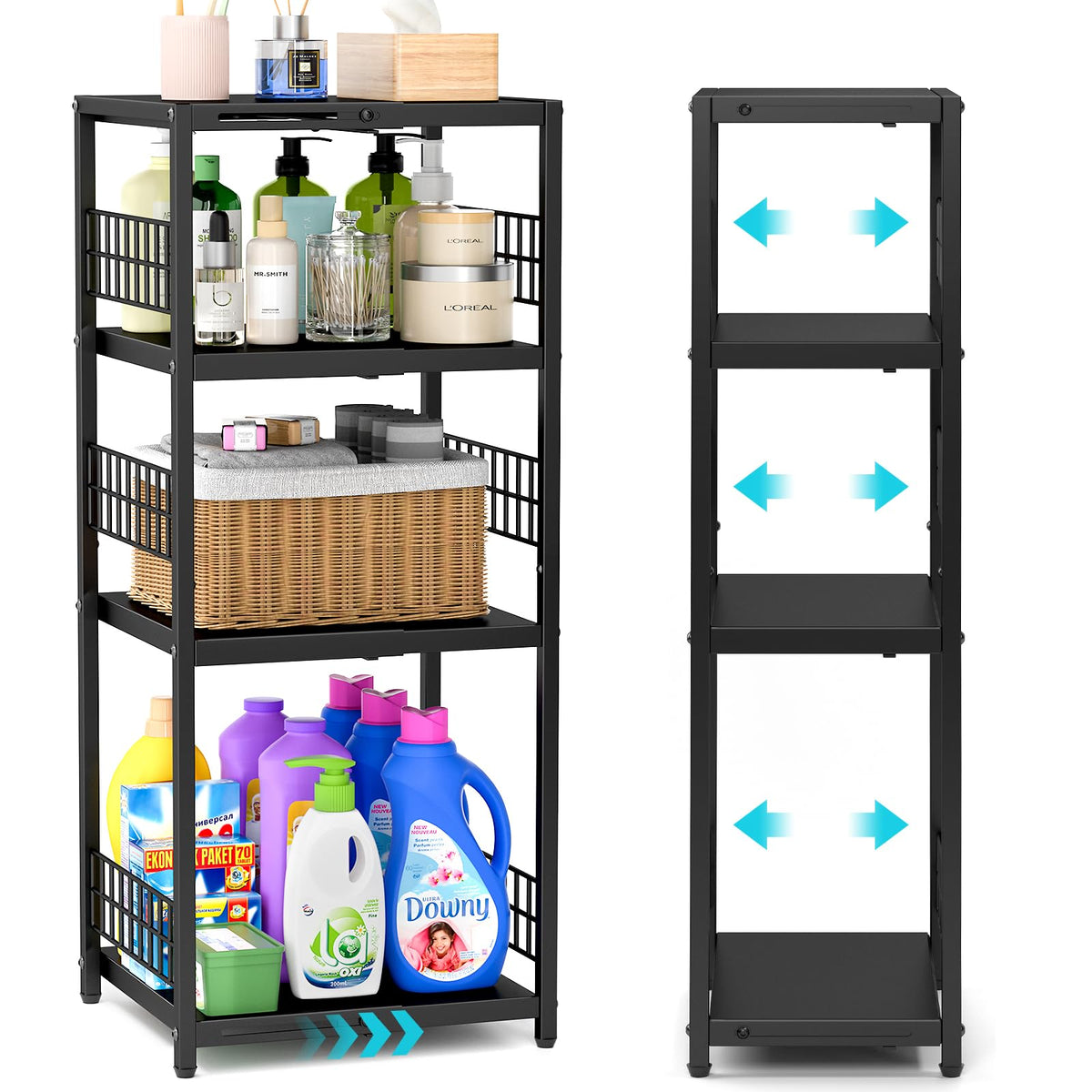 DAOUTIME 3-Tier Metal Shelving Unit, Expandable, Free-Standing, Narrow, Open Floor Shelves, Ideal for Bathroom, Kitchen, Laundry, Storage, Organization