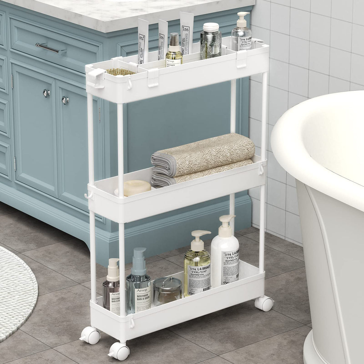 2 Pack 3 Tier Slim Storage Cart, Bathroom Rolling Utility Organizer