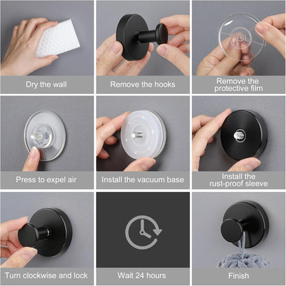 Suction Cup Hooks:Metal Hanger,for Galss Window Door & Tile Wall,Shower Bathroom Towel Holder Hanging Hook, 2 Pack (Matte Black)