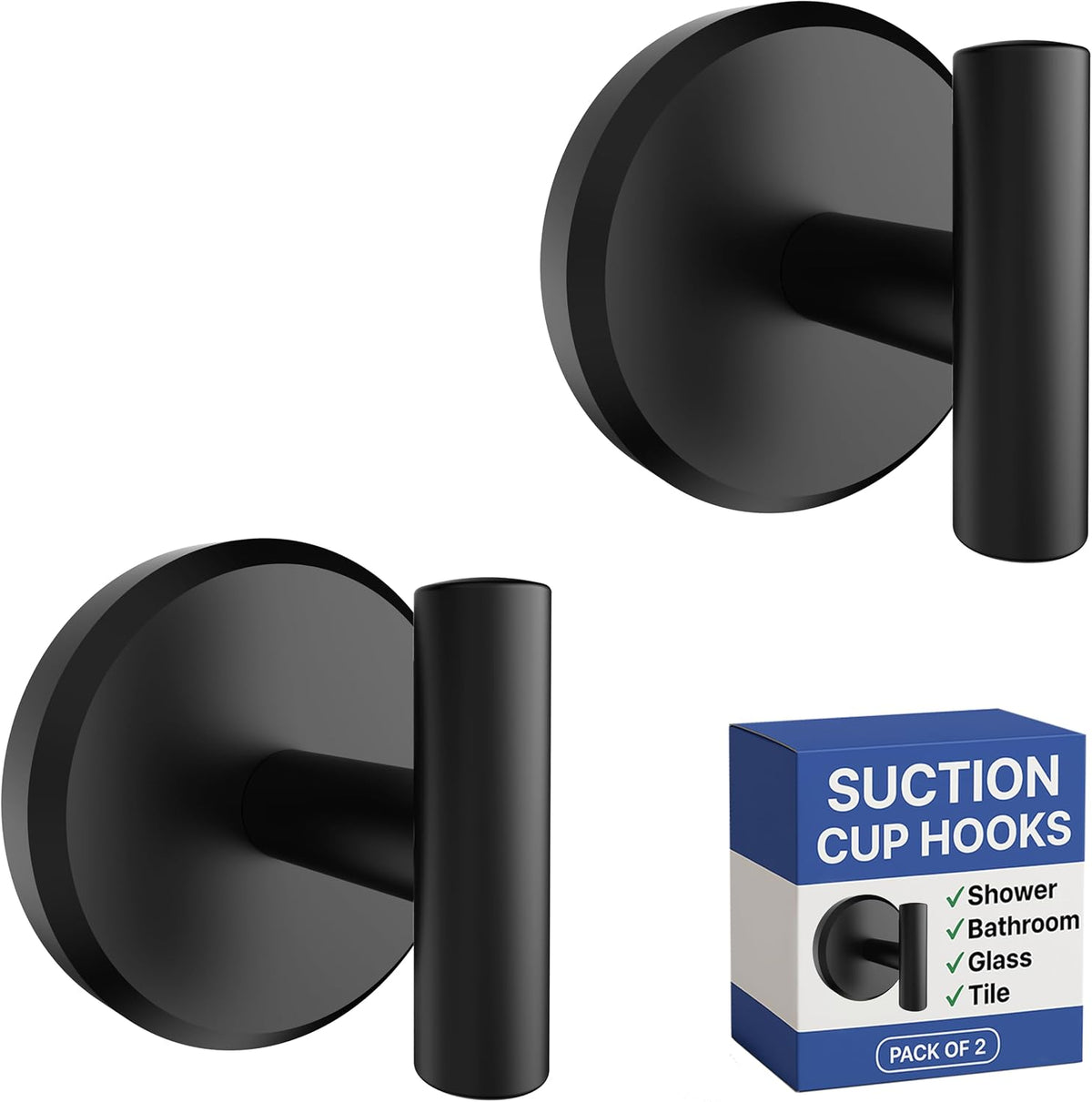 HOME SO Suction Cup Hooks for Bathroom Towel Holder T-Shape 2-Pack Black