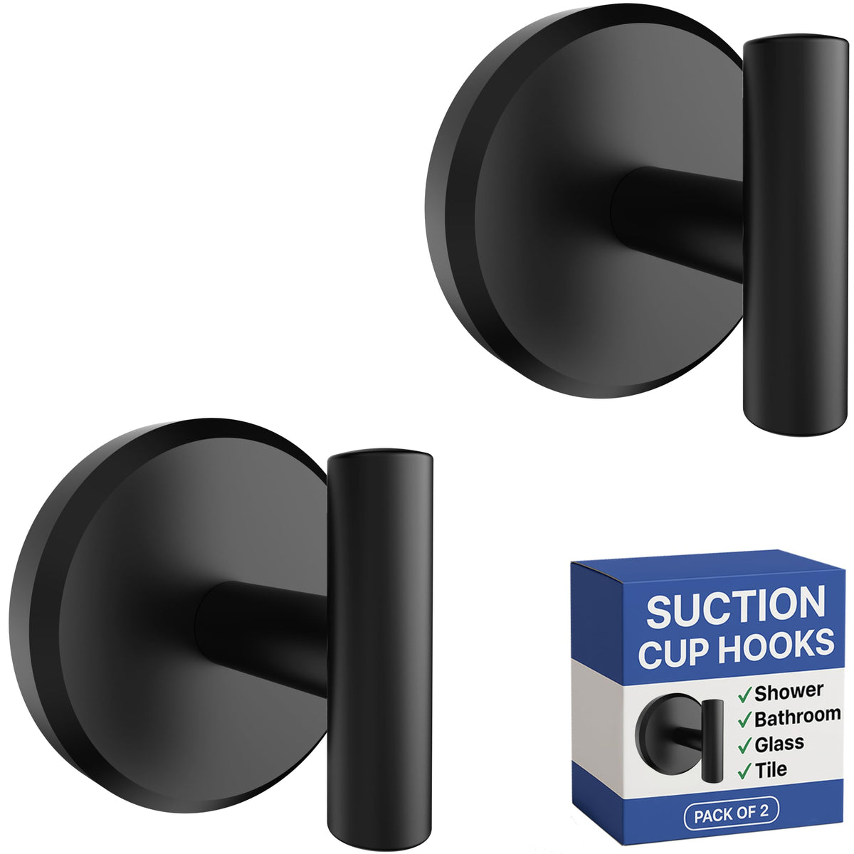 HOME SO Suction Cup Hooks for Bathroom Towel Holder T-Shape 2-Pack Black