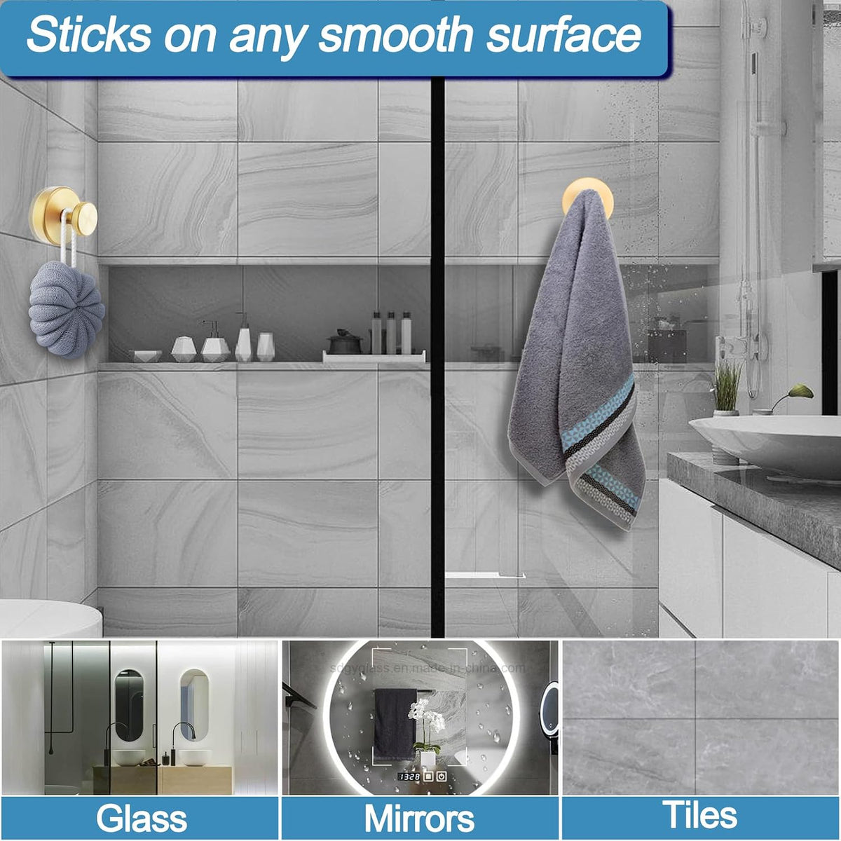 Vacuum Suction Cup Hooks for Shower, Shower Hooks for Inside Shower Glass Window, Mirror, No Drill Towel Hooks for Bathrooms, Bath Robe Coat Looafh Wreath Hook for Hanging - 2 Pack, Gold