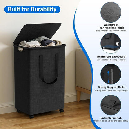 Laundry Basket with 5 Wheels, Rolling Laundry Hamper, 75L, Deep Gray