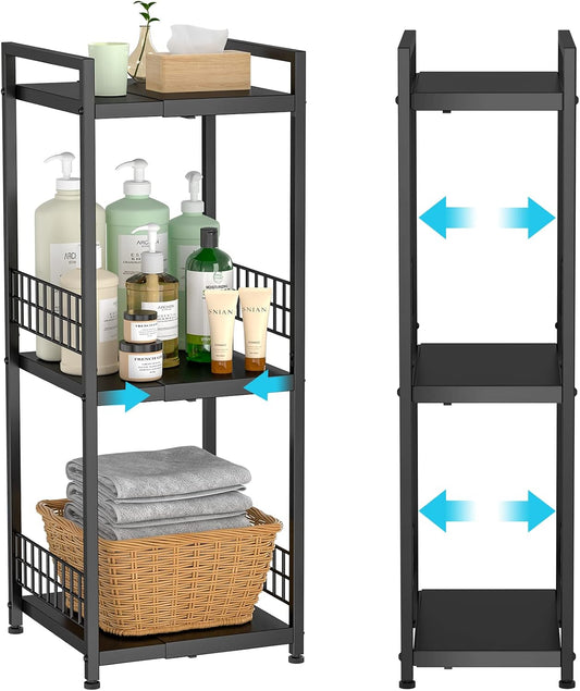 DAOUTIME 3-Tier Metal Shelving Unit, Expandable, Free-Standing, Narrow, Open Floor Shelves, Ideal for Bathroom, Kitchen, Laundry, Storage, Organization