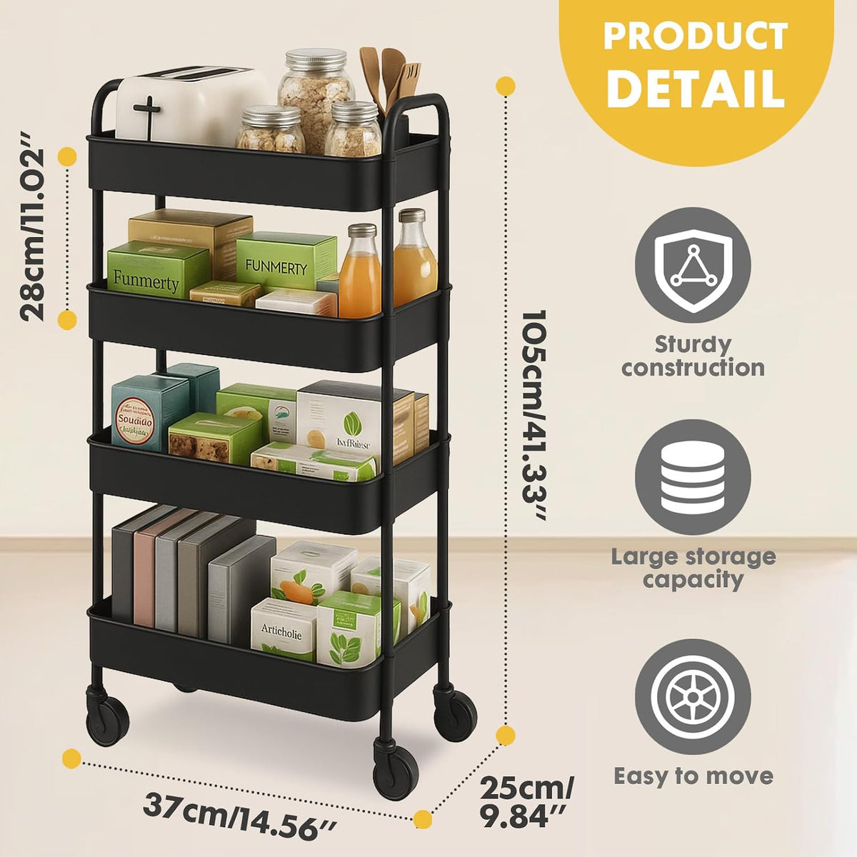ShellKingdom 4 Tier Bathroom Storage Organizer, Slim Rolling Storage Cart