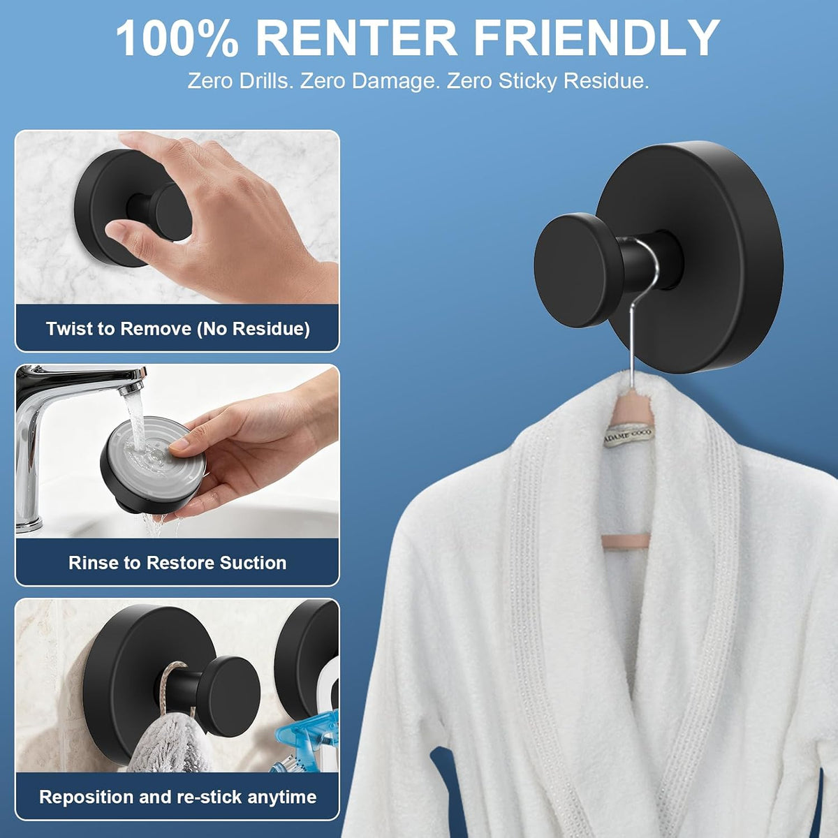 Suction Cup Hooks for Shower & No Drill Towel Hooks for Bathroom