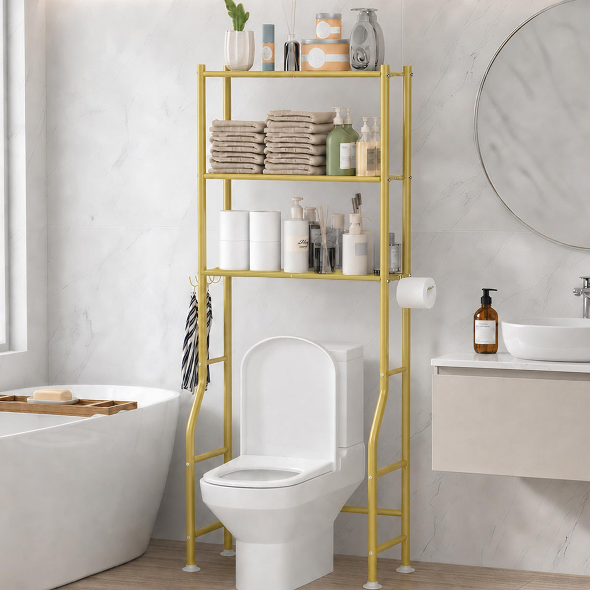 GloTika 3-Tier Over Toilet Storage Cabinet, No Drilling, 64" H, Black
