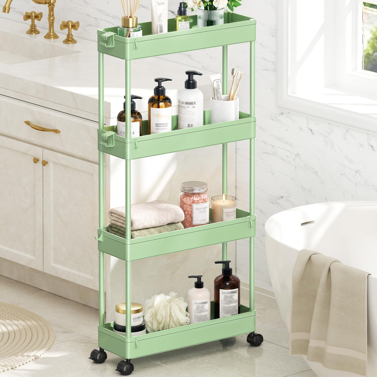 SPACEKEEPER Slim Rolling Storage Cart, 4 Tier Bathroom Cart Organizer,White