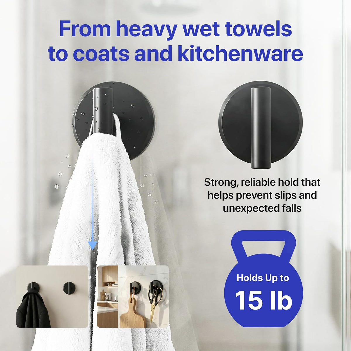 HOME SO Suction Cup Hooks for Bathroom Towel Holder T-Shape 2-Pack Black