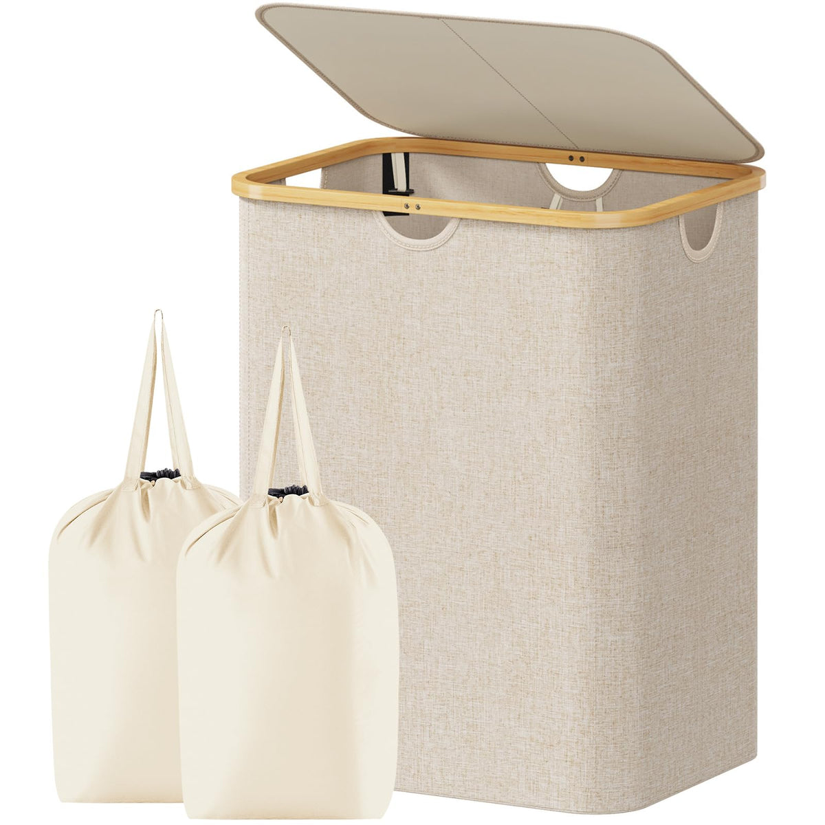 Lifewit 105L Large Laundry Basket with Lid, Removable Bags, Beige