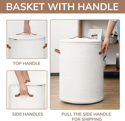 CHICVITA Large Woven Laundry Hamper with Lid & Leather Handles, 60L, White