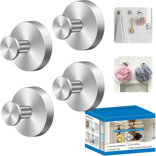 Herda Stainless Steel Suction Cup Hooks, No-Drill Removable Reusable, 4Pack