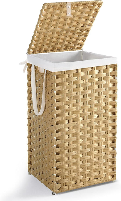 DUMOS Laundry Basket with Lid, 65L Wicker Laundry Hampers, Goose Yellow