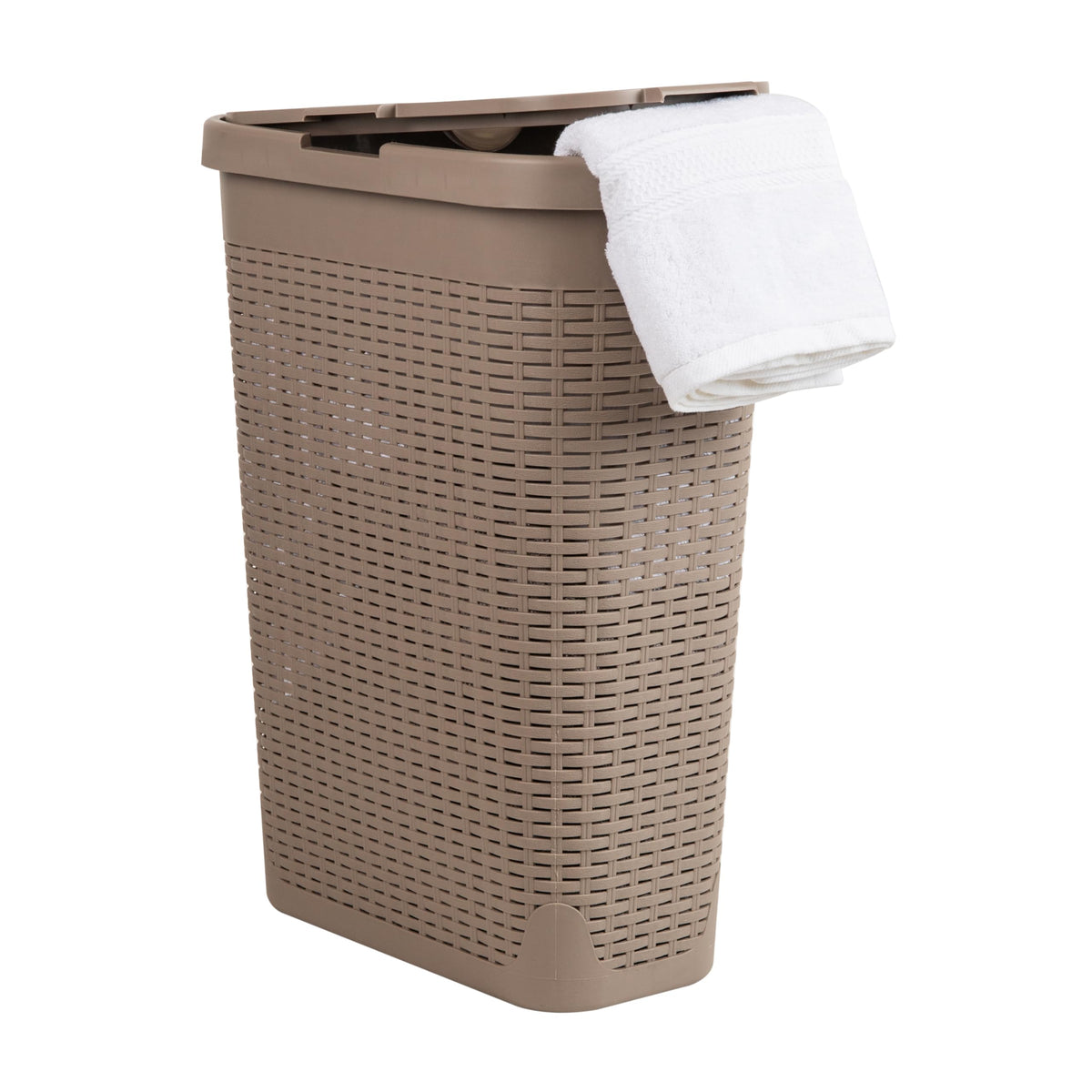 Mind Reader Slim Laundry Hamper with Lid, 40L Clothes Basket, Narrow Tapered Design with Ventilated Cutout Pattern, Plastic, Ivory