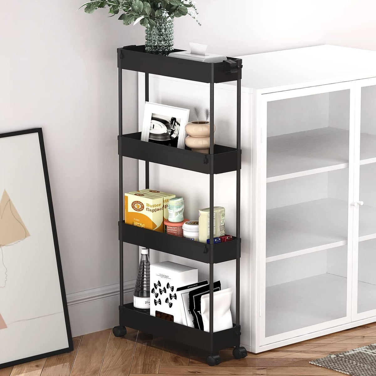 SPACELEAD Slim Storage Cart 4 Tier,Bathroom Organizer Rolling Utility,Mobile Shelving Unit Slide Out for Office, Kitchen, Laundry Room & Narrow Places,Black