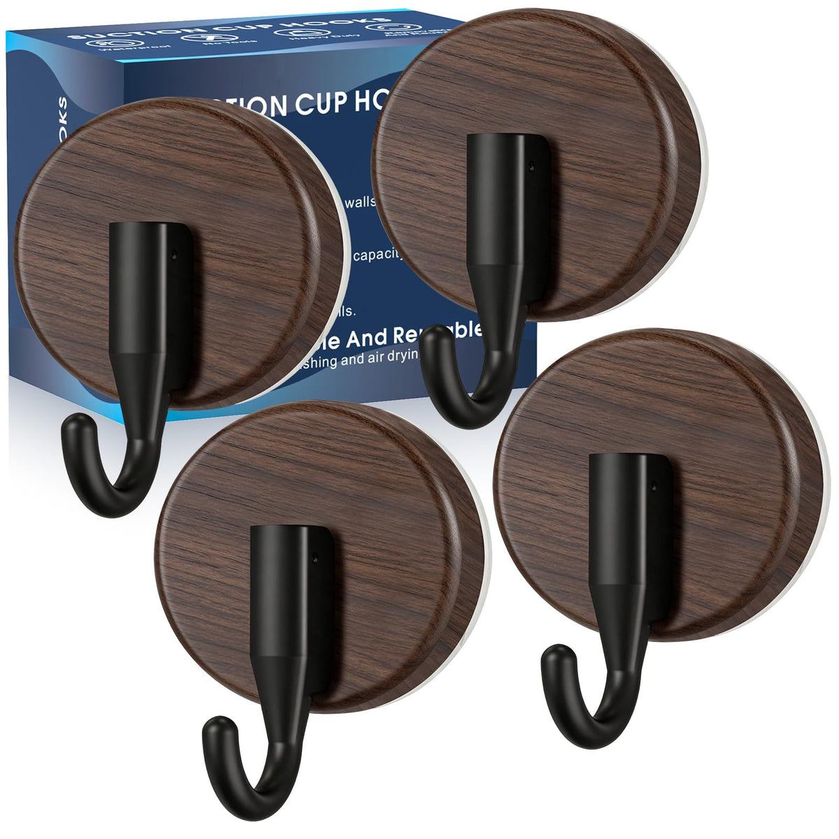 MOTAIPEAK Suction Cup Hooks for Shower,Shower Hooks Mounting on Glass Doors, Tile, Mirrors, Metals,Hook for Hanging Towels, Robe, Loofah, Jackets-Black(2 Pack)