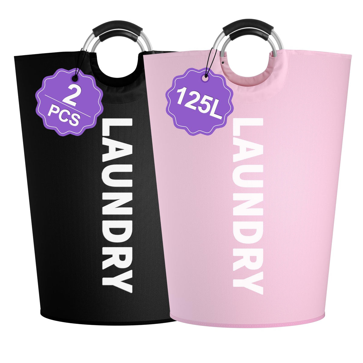 95L Large Laundry Basket with Handles, Foldable Clothes Hampers Stand Up Well, Waterproof Dirty Clothes Hamper, Rugged Laundry Basket for Flat, Dorm, Hotel, Pink