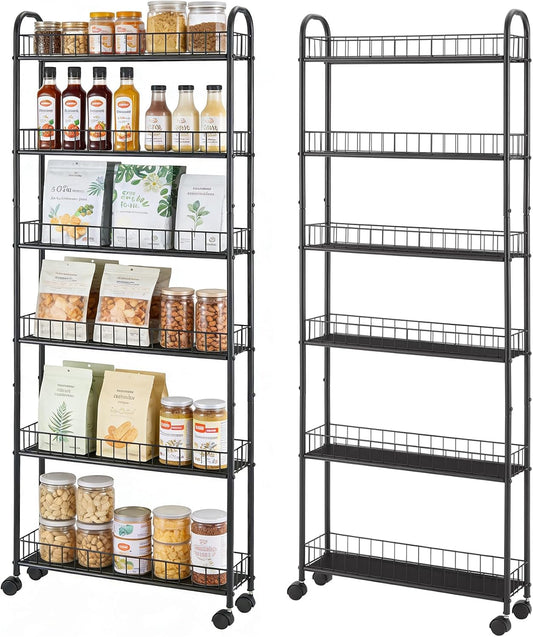 Slim Storage Cart with Wheels, Metal 6-Tier 6in Black Narrow Rolling Shelf, Sturdy Slim Storage with Hooks Ideal for Kitchen, Bathroom, and Laundry Room